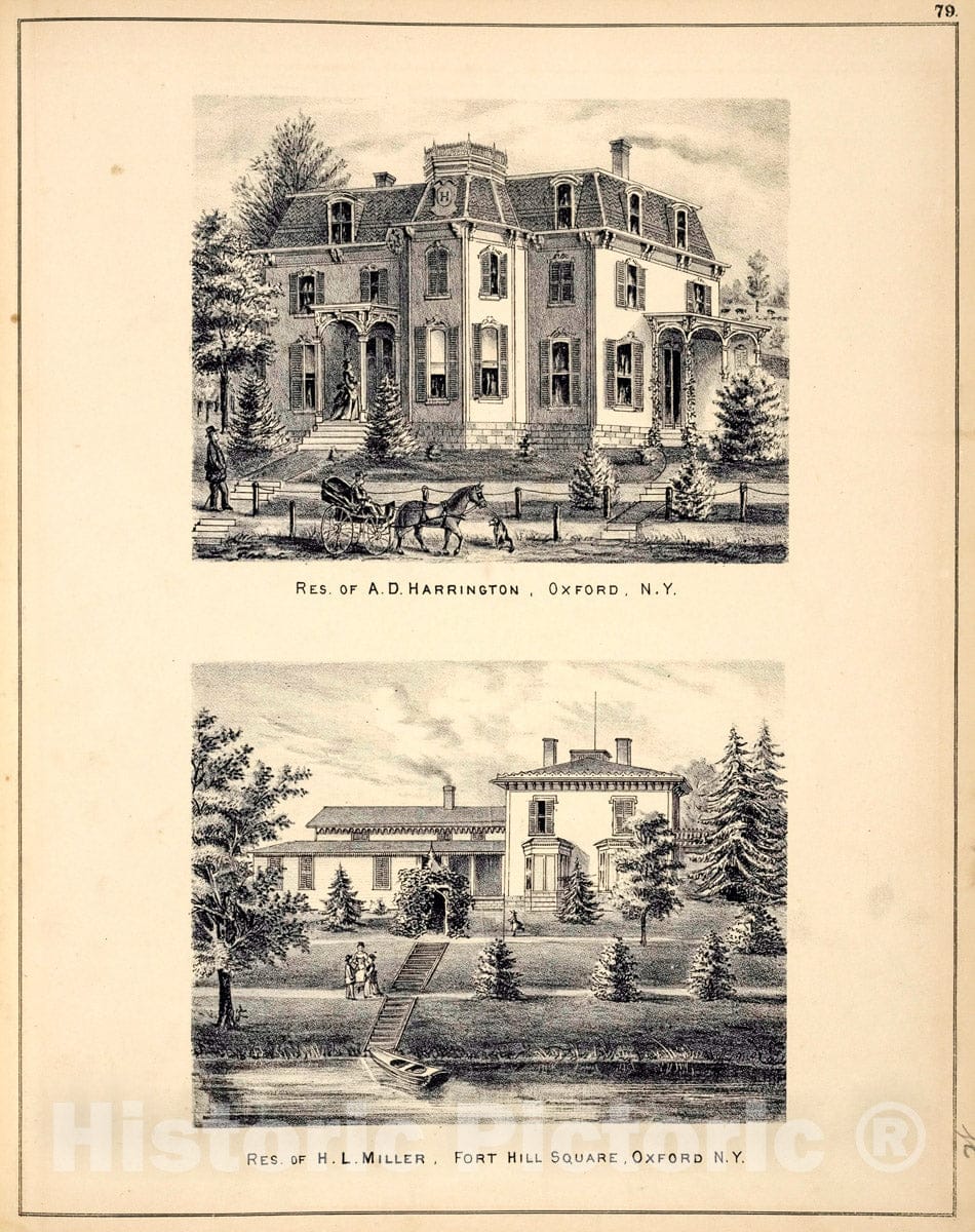 Art Print : 1875, Res. of A.D. Harrington, Oxford, N.Y; Res. of H.L. Miller, Fort Hill Square, Oxford N.Y. - Vintage Wall Art