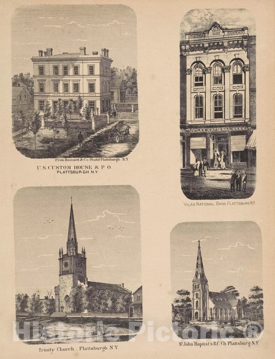 Art Print : 1869, U.S. Custom House & P.O, Plattsburgh, N.Y; Trinity Church_Plattsburgh, N.Y - Vintage Wall Art