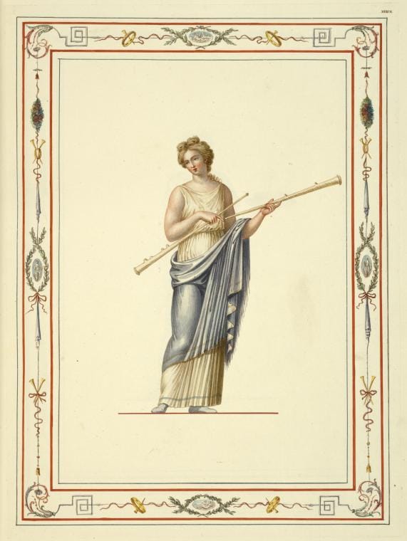 Art Print : Woman in Classical Dress Holding Two Long Pipes, 1694 - Vintage Wall Art