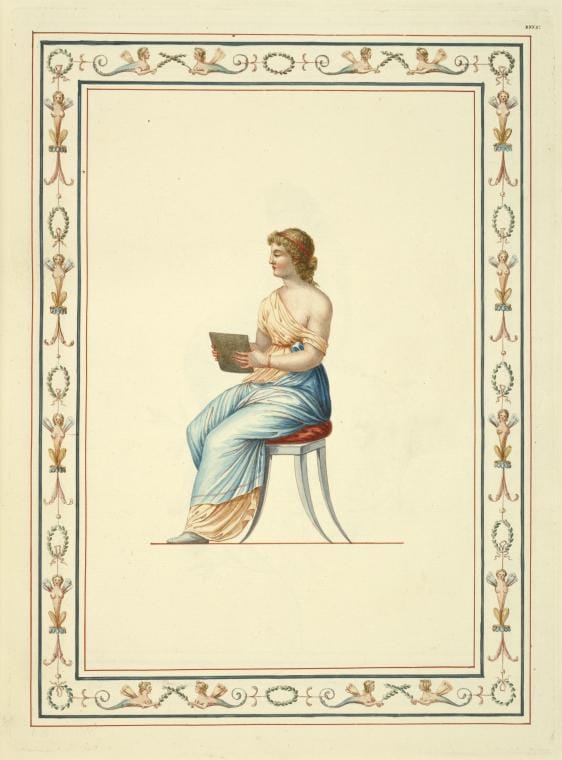 Art Print : Woman in Classical Dress Reading, 1694 - Vintage Wall Art