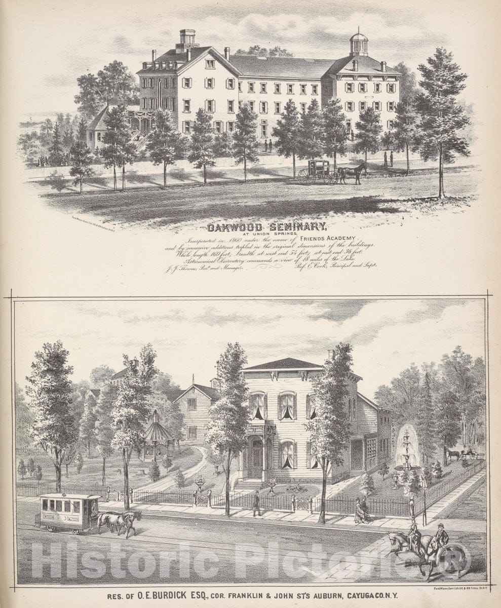 Art Print : Oakwood Seminary; Res. of O.E. Burdick, Cor. Franklin & John St's Auburn, Cayuga Co. N.Y. - Vintage Wall -