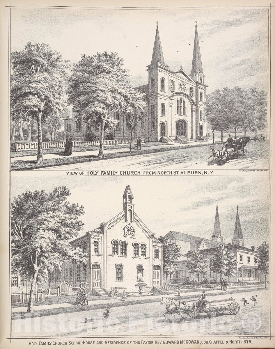 Art Print : View of Holy Family Church from North St. Auburn, N.Y - Vintage Wall Art