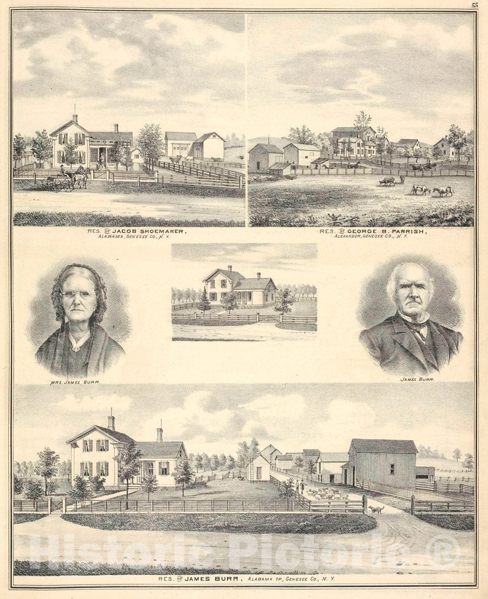 Art Print : 1876, Res. of Jacob Shoemaker. Alabama, Genesee Co, N.Y - Vintage Wall Art