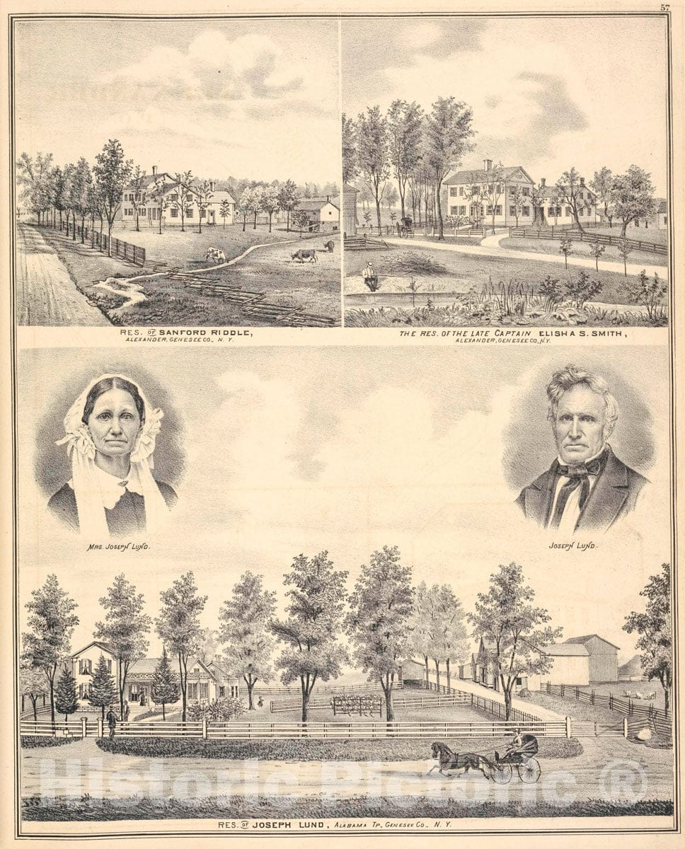 Art Print : 1876, Res. of Sanford Riddle, Alexander, Genesee Co, N.Y - Vintage Wall Art