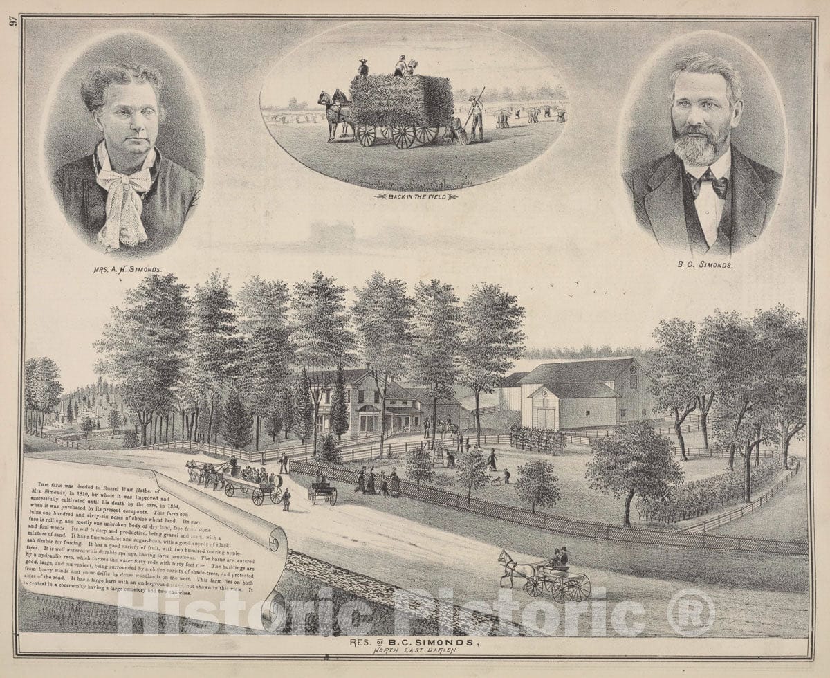 Art Print : 1876, Mrs. A. Simonds; Back in The Field ; B. C. Simonds; Res. of B. C. Simonds, North East Darien. - Vintage Wall Art