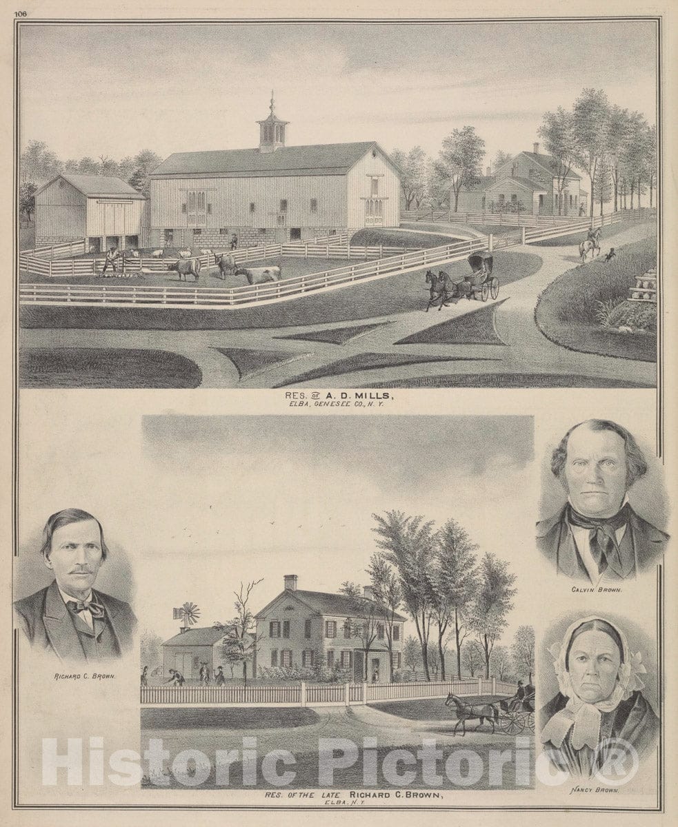 Art Print : 1876, Res. of A. D. Mills, Elba, Genesee Co, N.Y - Vintage Wall Art