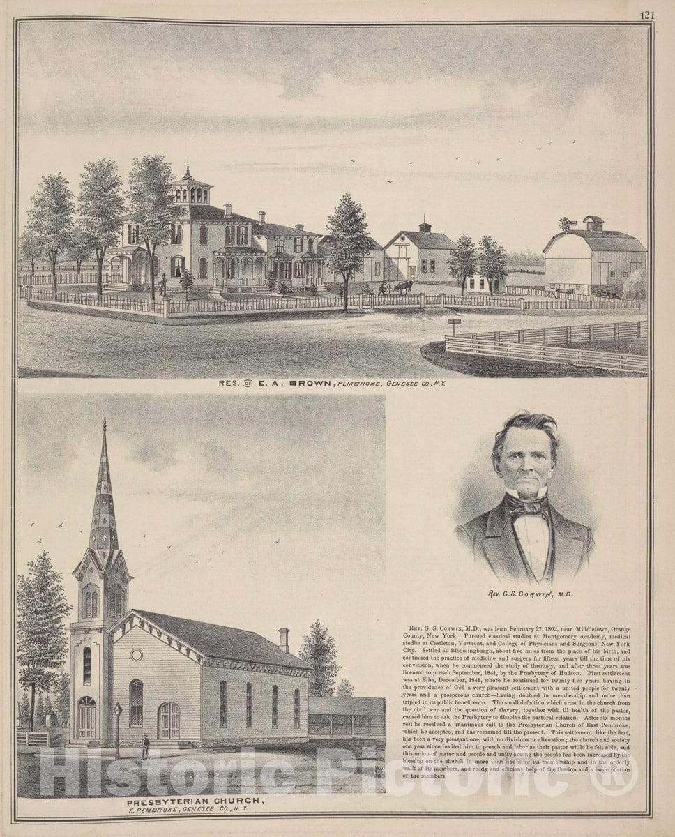Art Print : 1876, Res. of E. A. Brown, Pembroke, Genesee Co, N.Y; Presbyterian Church, E. Pembroke, Genesee Co, N.Y; Rev. G. S. Corwin, M. D. - Vintage Wall Art