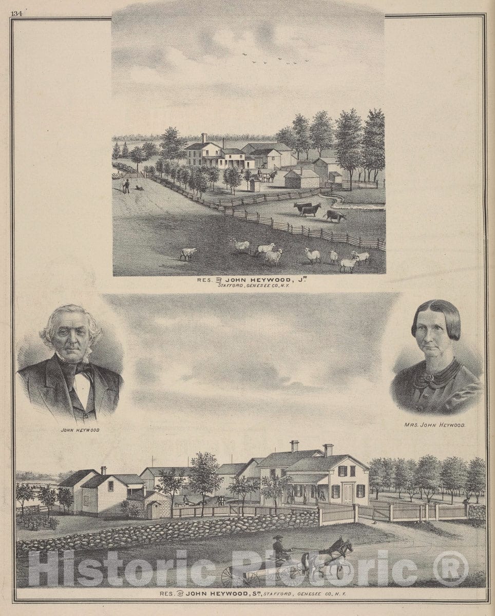 Art Print : 1876, Res. of John Heywood, Jr, Stafford, Genesee Co, N.Y - Vintage Wall Art