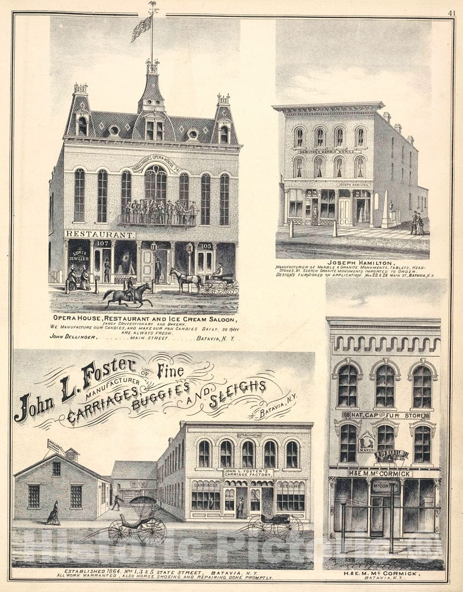 Art Print : 1876, Opera House, Restaurant and Ice Cream Saloon, Fancy Confectionary and Bakery. - Vintage Wall Art