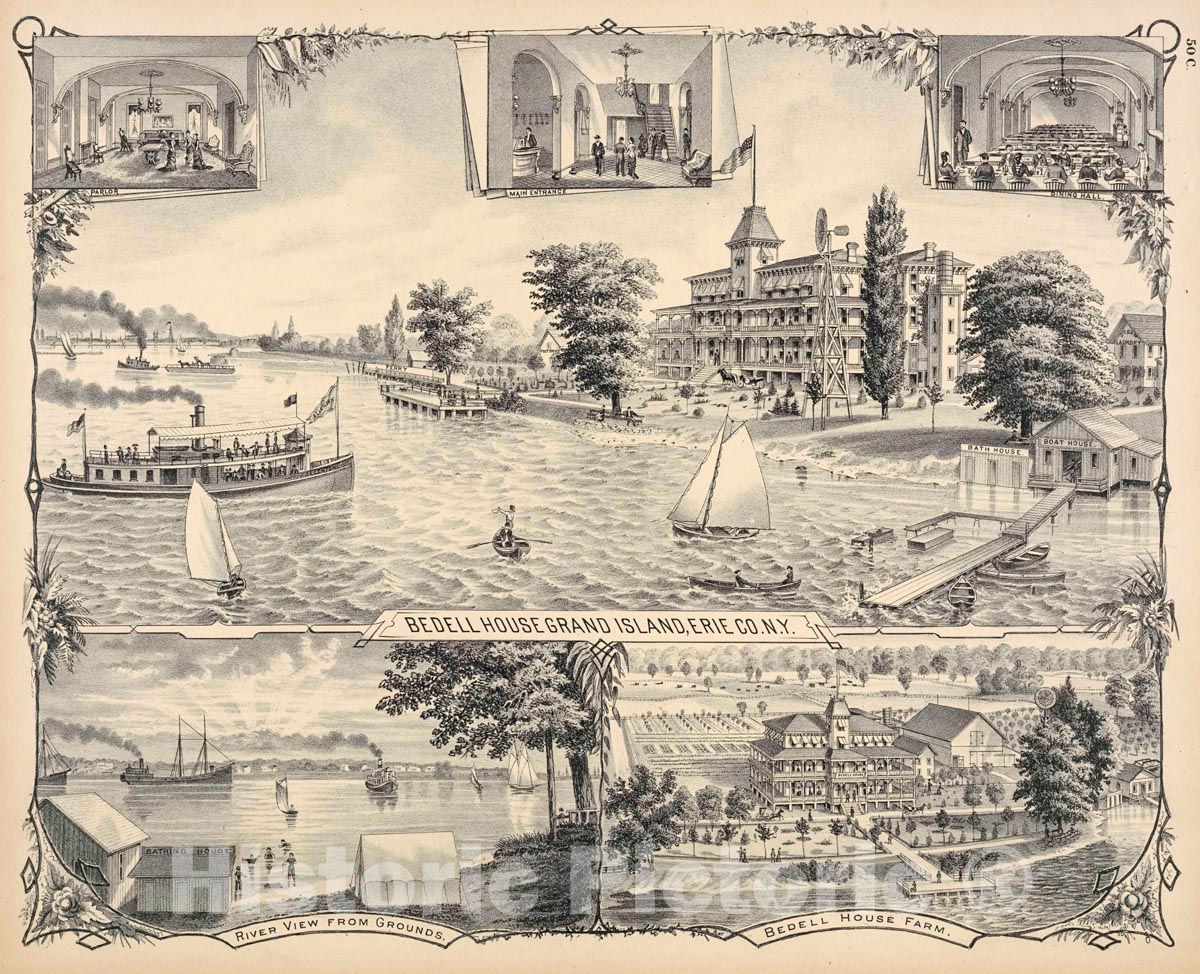 Art Print : 1880, Parlor; Main Entrance; Dining Hall; Bedell House Island, Erie Co. N.Y; River View from Grounds; Bedell House Farm. - Vintage Wall Art