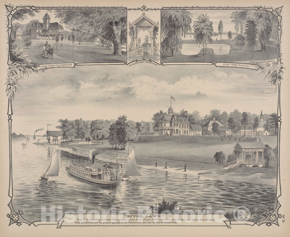 Art Print : 1880, View from Falconwood ; Entrance from Falconwood ; View from Piazza ;River Lawn. - Vintage Wall Art