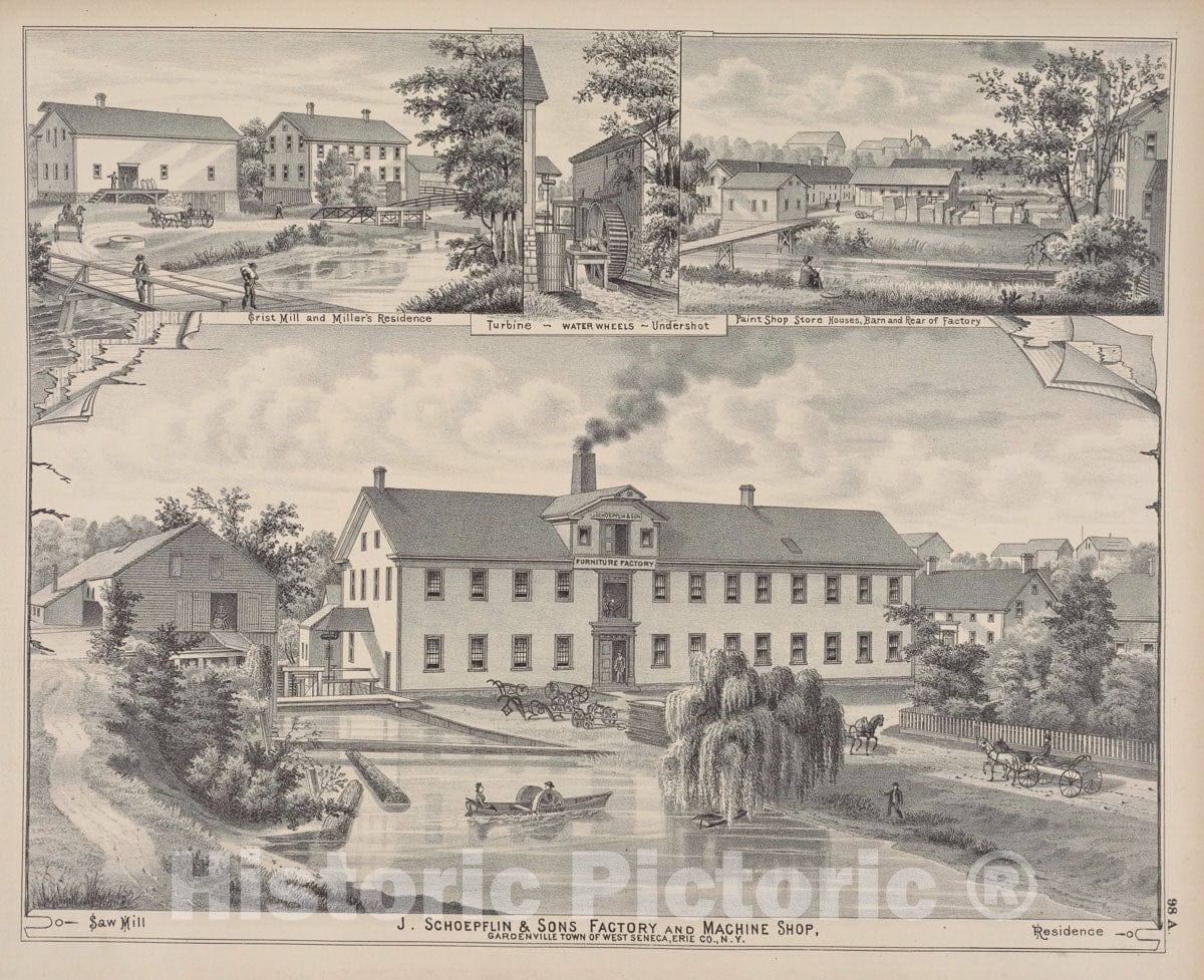 Art Print : 1880, Grist Mill and Miller's Residence, Turbine - Water Wheels - Undershot, Paint - Vintage Wall Art