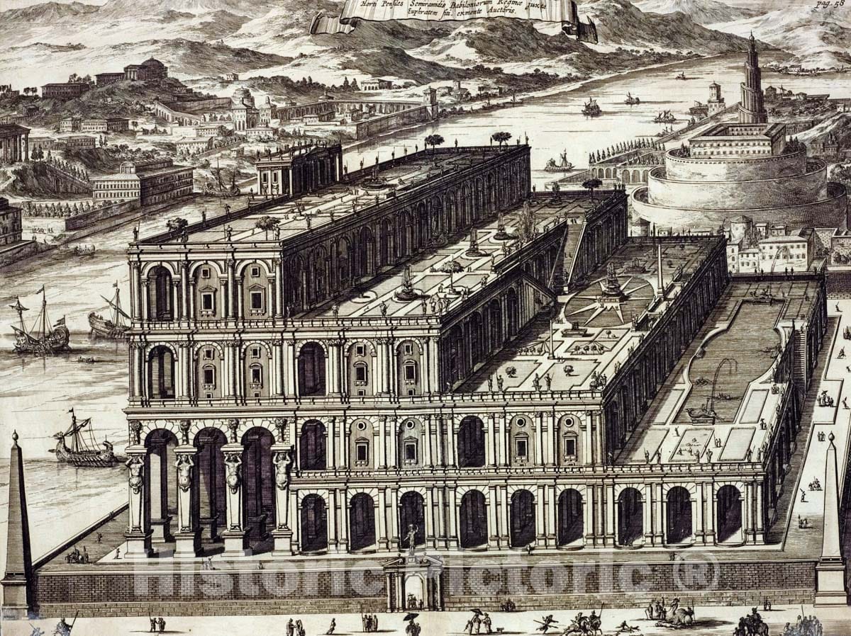 Art Print : 1679, Horti Penciles, Semiramidis Babiloniorum RiginA juxta Euphratem fiti. exmente Auctoris. - Vintage Wall Art