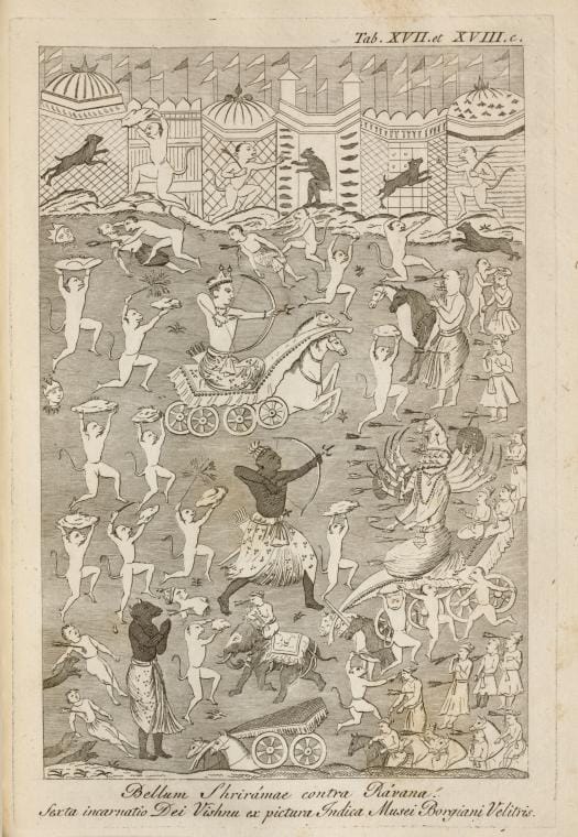 Art Print : Tab. 17 et 18 c. Bellum Shriramae Contra Ravana. Sexta Incarnation Dei Vishnu, 1748 - Vintage Wall Art