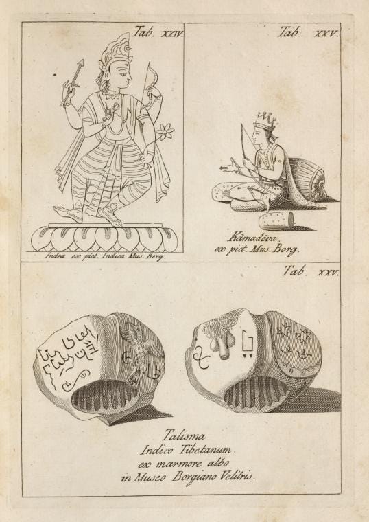 Art Print : Tab. 24. Indra; Tab. 25. Kamadeva; Talisma Indico Tibetanum, 1748 - Vintage Wall Art
