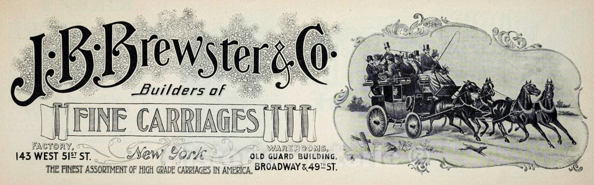 Art Print : 1899, J. B. Brewsters & Co, Builders of fine Carriages. - Vintage Wall Art