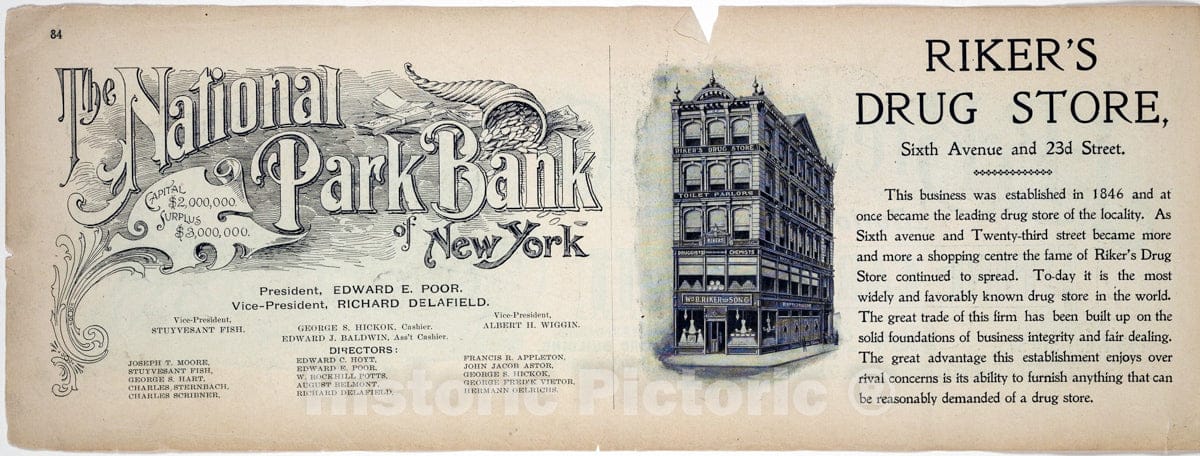 Art Print : 1899, The National Park Bank of New York; Riker's Drug Store. - Vintage Wall Art