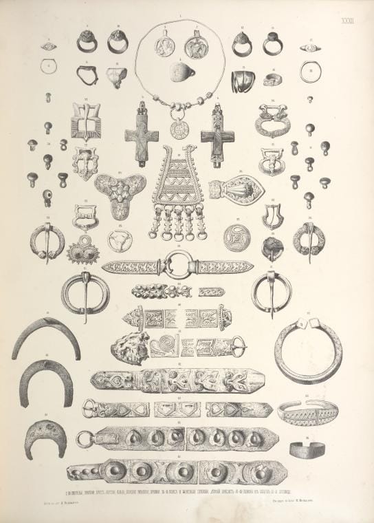 Art Print : Drevnosti iz Merianskikh kurganov. 1-34 Ozherel'e, privieski, krest, perstni, kol'tsa, poiasnoe ukrasheniie, Vintage Wall Art