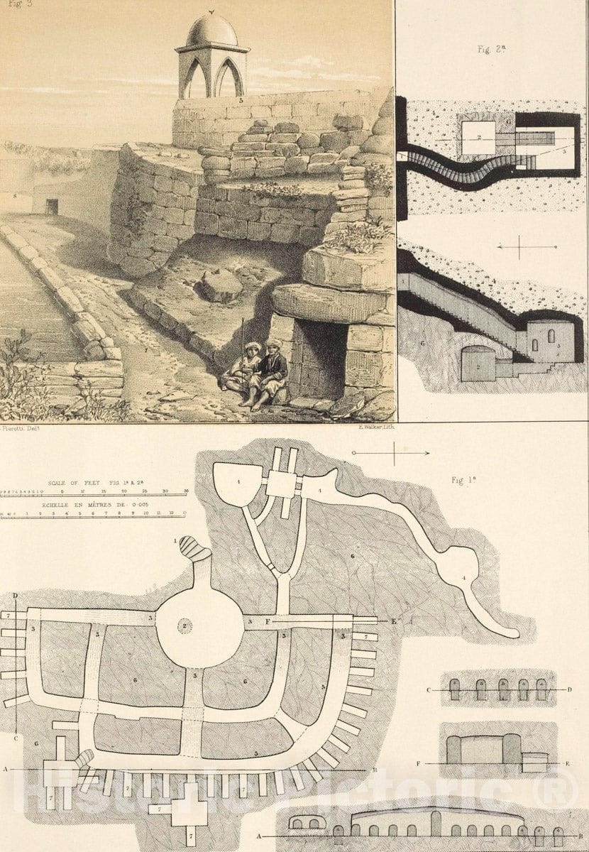 Art Print : 1864, Plan and Sections of The Tomb of The Prophets situated in The Mount of Olives; - Vintage Wall Art