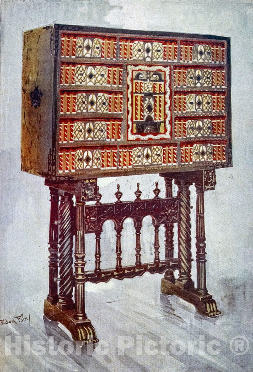 Art Print : 1910, Vargueno Cabinet of Chestnut, Ivory, etc, Painted and Gilt with Wrought-Iron - Vintage Wall Art