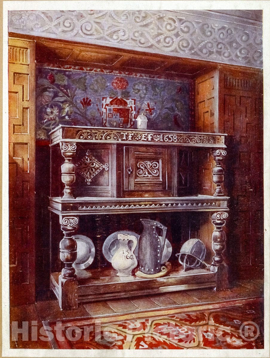 Art Print : 1910, Court Cupboard Buffet. The Property of Sir Theodore Fry, Beechanger Court. - Vintage Wall Art
