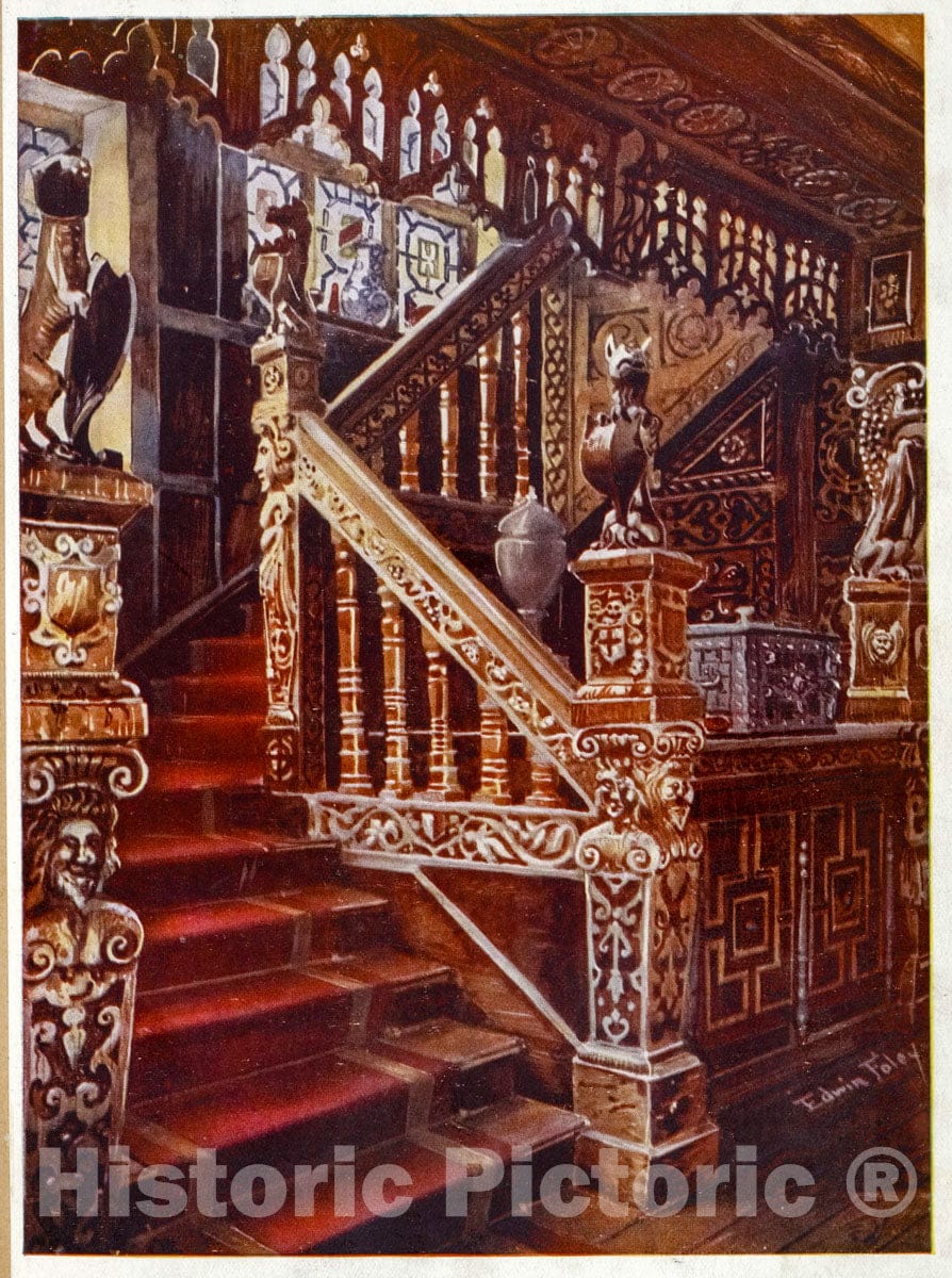 Art Print : 1910, Carved oaken Stairway, Godinton. by Permission of George Ashley Dodd, Esq, D.L. - Vintage Wall Art