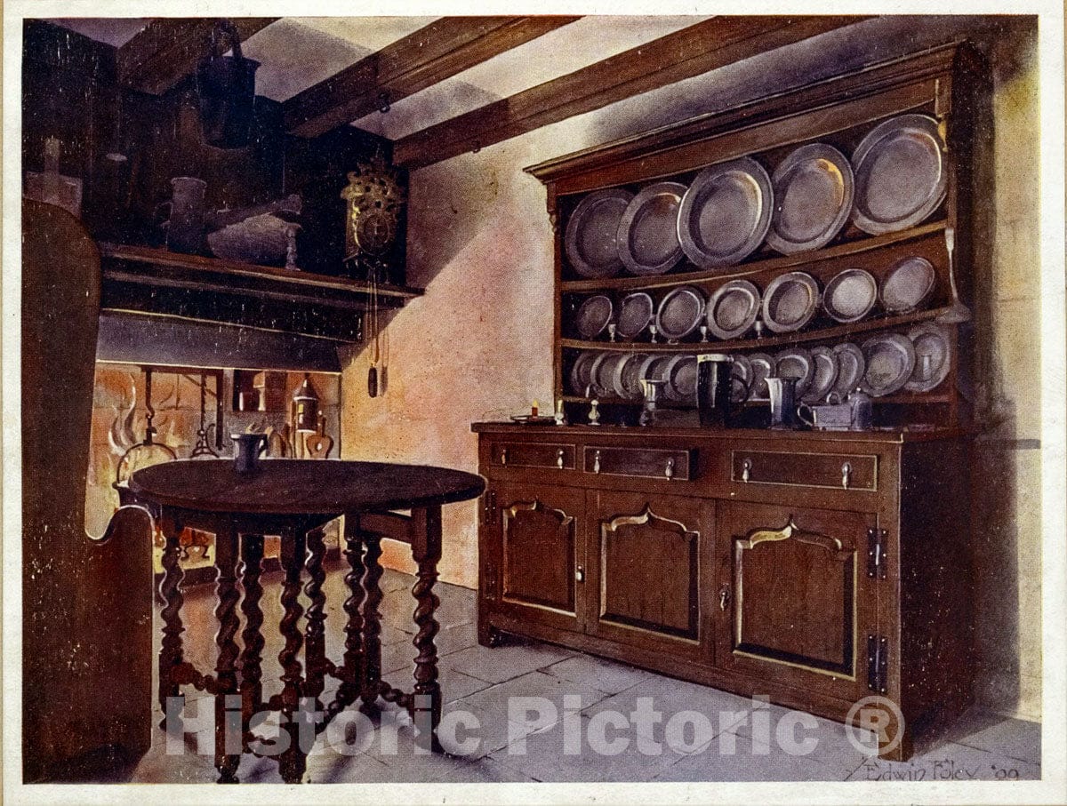Art Print : 1910, Oak Welsh Dresser. The Property of Henry Dann, Esq, ca. 1688. - Vintage Wall Art