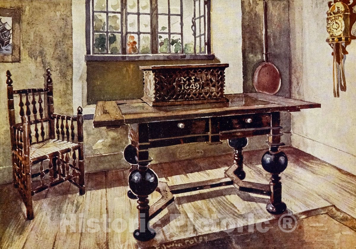 Art Print : 1910, an Early Virginian colonist's Parlour. Oak drawinge Table, in The Possession o - Vintage Wall Art