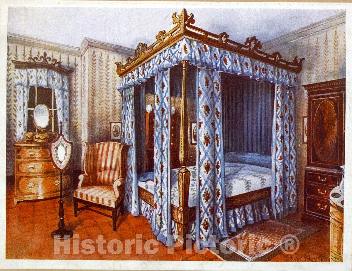 Art Print : 1910, A heppelwhite Bedroom. Chintz-curtained Inlaid Satinwood Bed from Dr. Horne's co - Vintage Wall Art