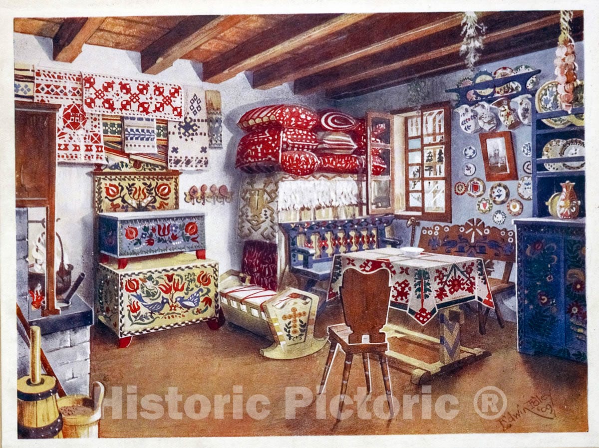 Art Print : 1910, Austro-Hungarian Peasant Furniture. A Living Room of Today furnished with tradit - Vintage Wall Art