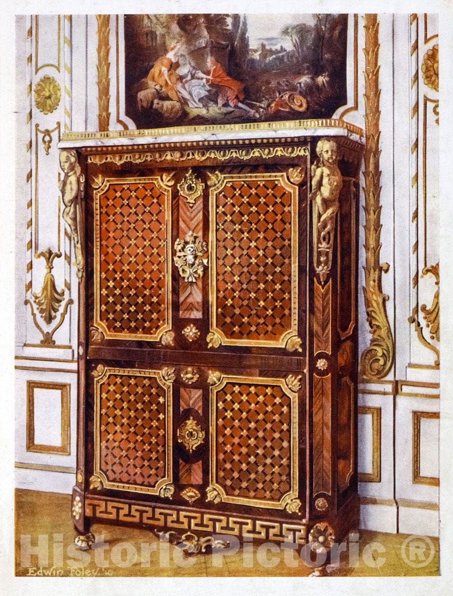 Art Print : 1910, Upright secretaire in parqueterie of Various Woods, with Ormolu-Mounted Rosettes - Vintage Wall Art