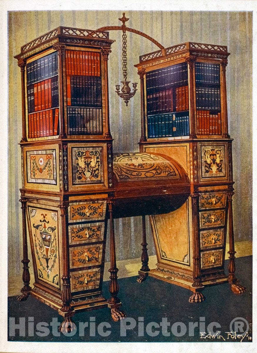 Art Print : 1910, The Sisters Inlaid Double secretaire and Bookcase Cabinet: Sheraton, ca. 1800. - Vintage Wall Art