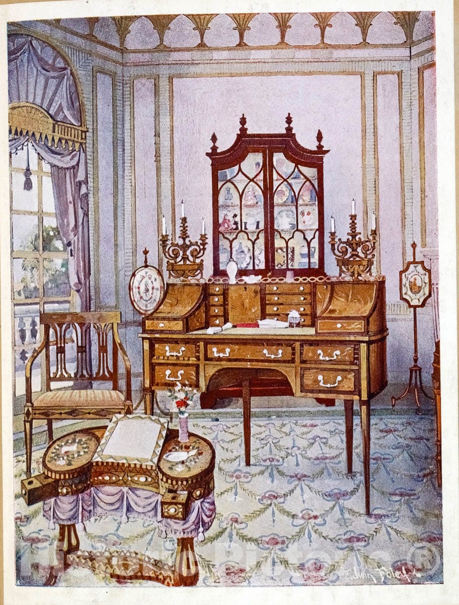 Art Print : 1910, Inlaid Mahogany Cylinder-Fall China and Book case. Formerly in The Parnham - Vintage Wall Art