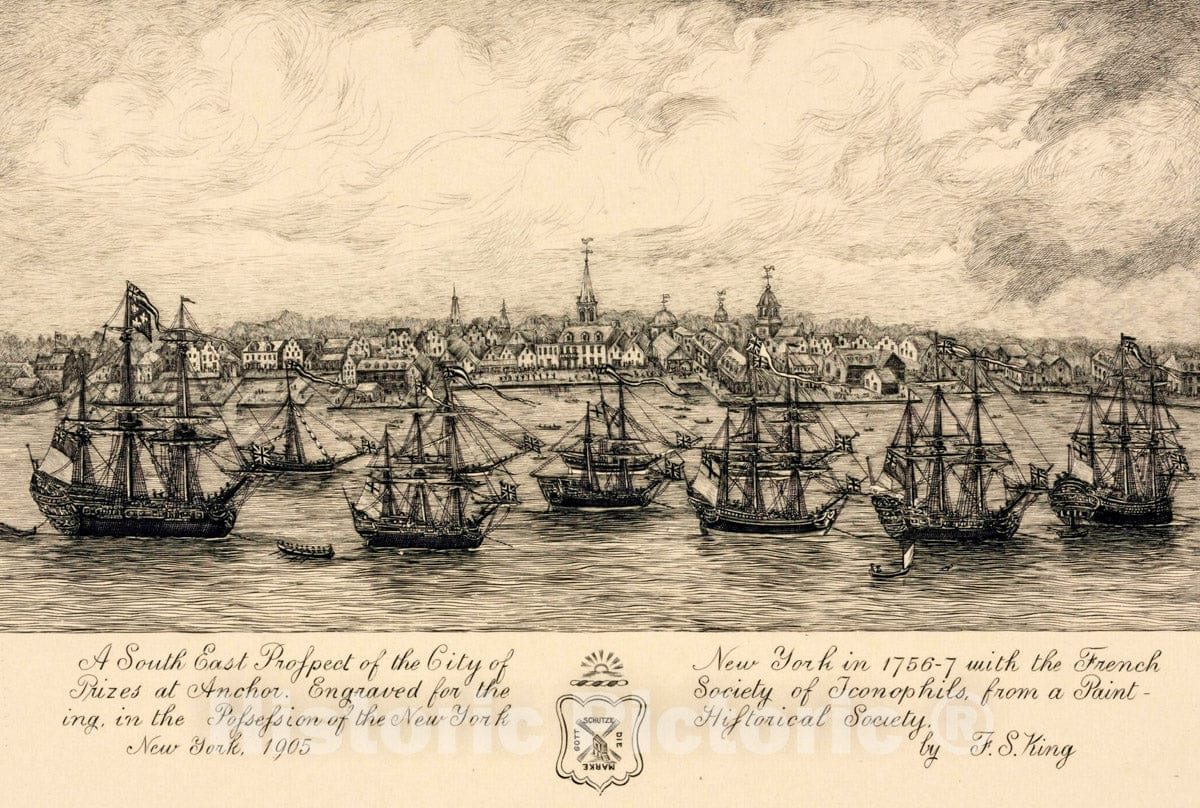 Art Print : 1905, A South East Prospect of The City of New York in 1756-7 with The French prizes at Anchor - Vintage Wall Art