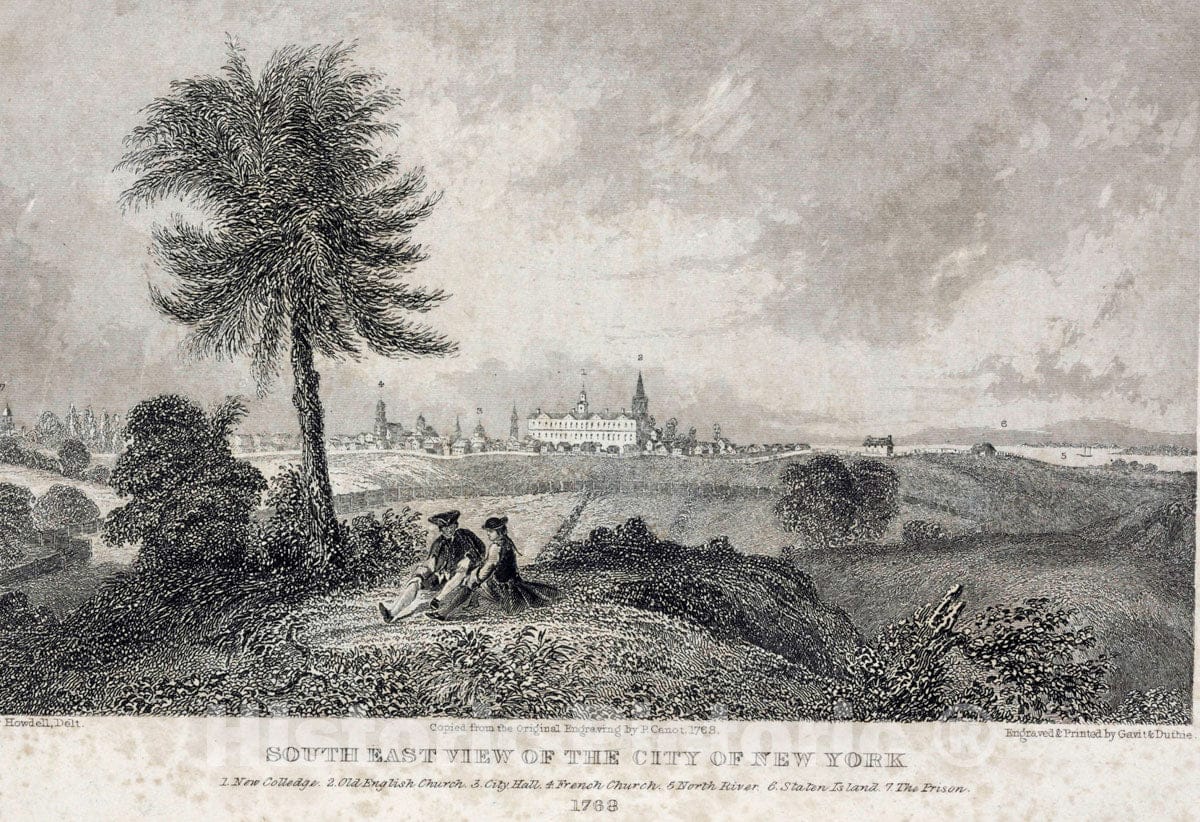 Art Print : 1768, South East View of The City of New York. 1. New Colledge. 2. Old English Church. - Vintage Wall Art