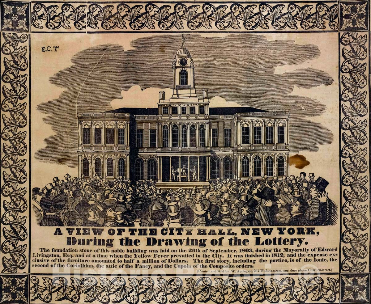 Art Print : A View of The City Hall, New York, During The Drawing of The Lottery - Vintage Wall Art