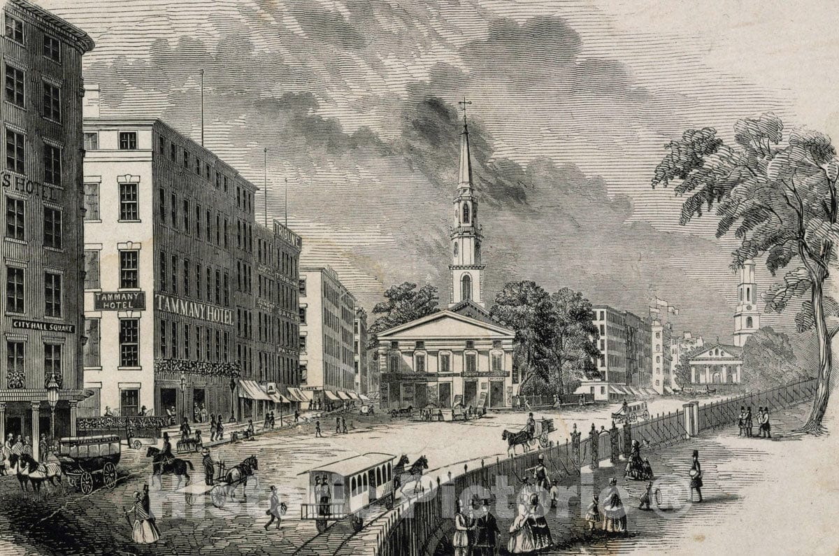 Art Print : City Hall Park. French's Hotel, with Street Sign City Hall Square on its Wall - Vintage Wall Art