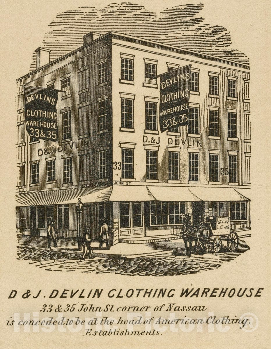 Art Print : D & J. Devlin Clothing Warehouse, 33 & 35 John St. Corner of Nassau - Vintage Wall Art