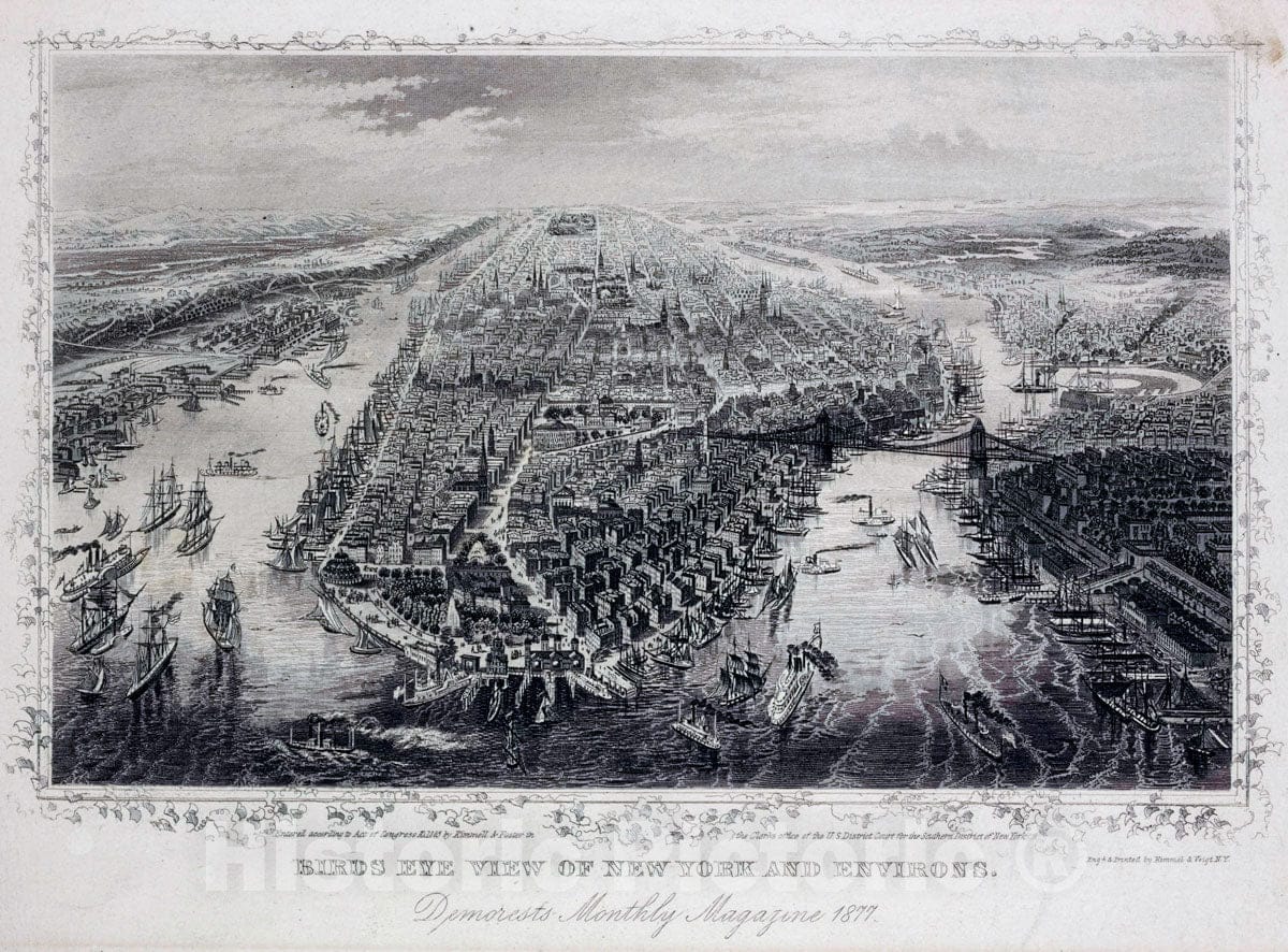 Art Print : 1865, Birds Eye View of New York and Environs - Vintage Wall Art