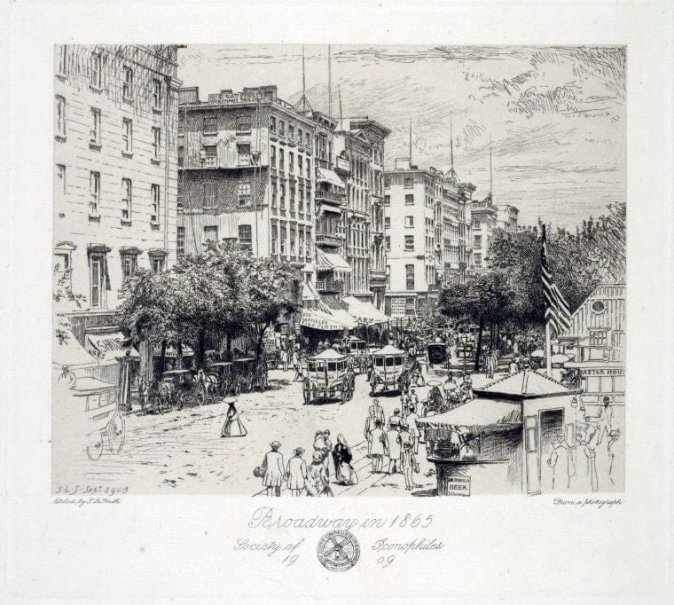 Art Print : 1909, Broadway in 1865 - Vintage Wall Art