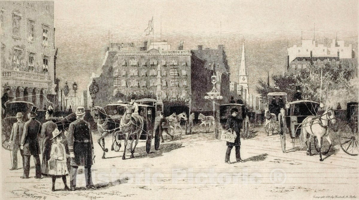 Art Print : 1887, Broadway and Fifth Avenue, in Front of Fifth Avenue Hotel, Looking North, Past The Worth Monument. Left: Frank M. Gregory. - Vintage Wall Art