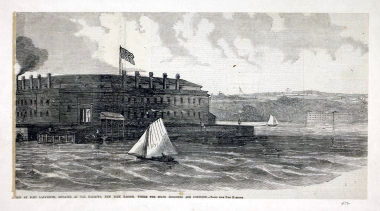 Art Print : View of Fort Lafayette, situated at The Narrows, New York Harbor, Where The State Prisoners are confined. Taken from Fort Hamilton. - Vintage Wall Art