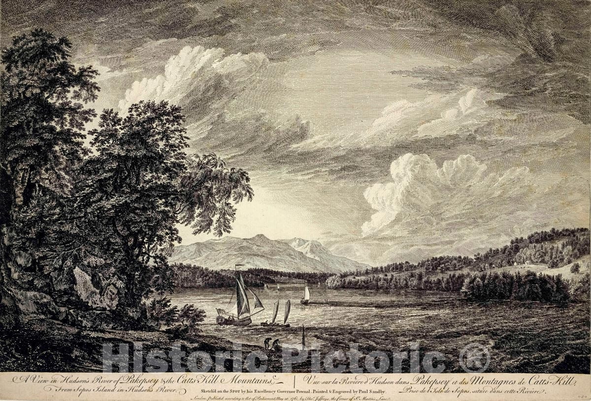 Art Print : 1761, A View in Hudson's River of Pakepsey & The Catts-Kill Mountains. from Sopos Island in Hudson's River - Vintage Wall Art