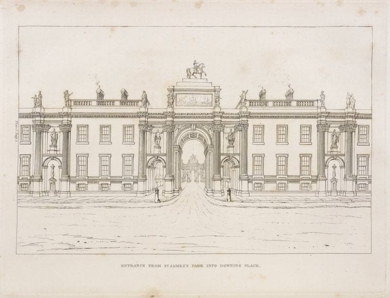 Art Print : Entrance from St. James Park into Downing Place, 1753 - Vintage Wall Art
