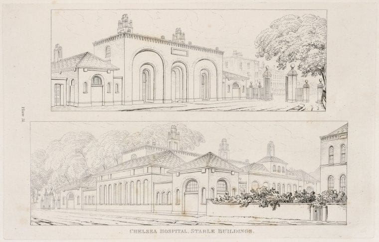 Art Print : Chelsea Hospital, Stable Buildings, 1753 - Vintage Wall Art