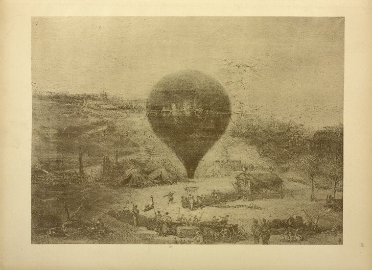Art Print : 1922, Le Premier Ballon du Siege de Paris, le Neptune de Jules Duruof, sur las Place Sainte-Pierre, a Montmartre. Peinture de l'epoque. - Vintage Wall Art