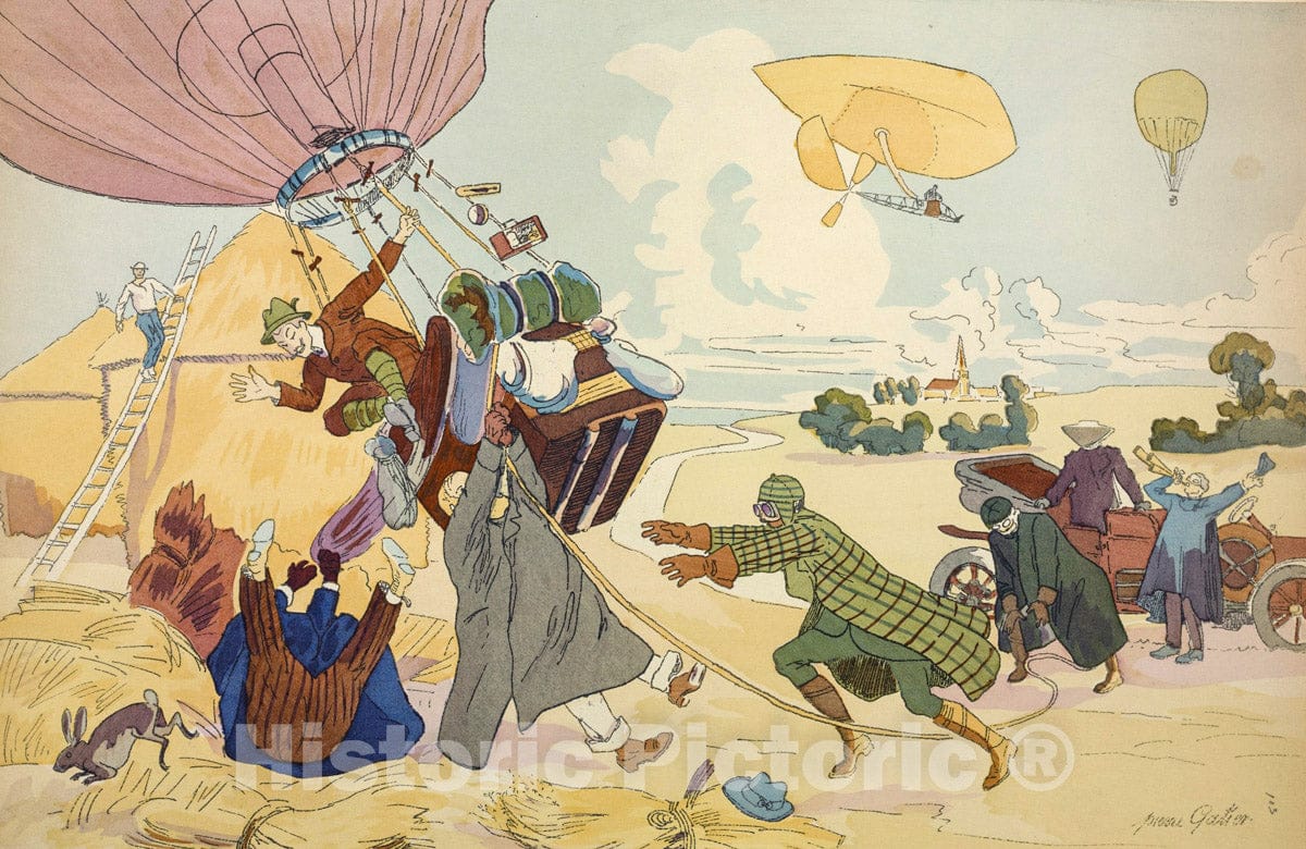 Art Print : 1922, Atterrissage d'un Ballon Libre. Estampe de Pierre Gatier. - Vintage Wall Art