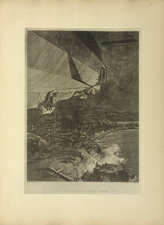 Art Print : 1922, Bombardement de la cate Anglaise par un Zeppelin. Document edite a Berlin. - Vintage Wall Art