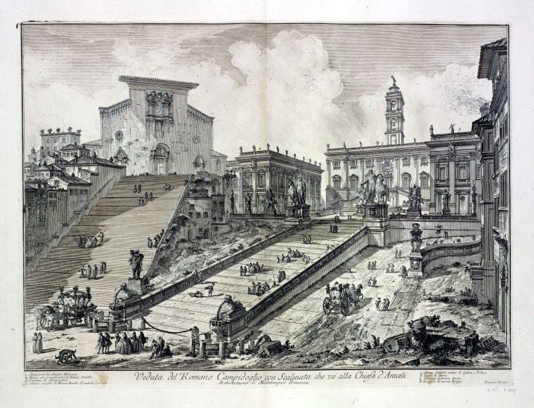 Art Print : 1748, Veduta del Romano Campidoglio con Scalinata Che va' alla Chiesa d'Araceli. - Vintage Wall Art