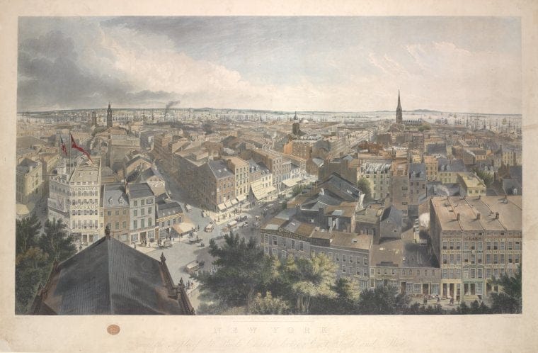 Art Print : 1849, New York from The Steeple of St. Paul's Church, Looking East, South and west - Vintage Wall Art V2